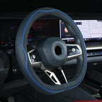 Flat Bottom Steering Wheel Cover Anti-Slip,Safety,Soft,Breathable,Durable,Full Surround,Comfortable Grip Microfiber Leather (D Shape, Black Dark Blue)