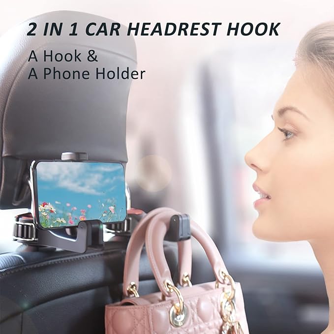 Car Headrest Hook with Phone Holder, Universal 360 Rotation Headrest Hooks for Purses and Bags (Red)