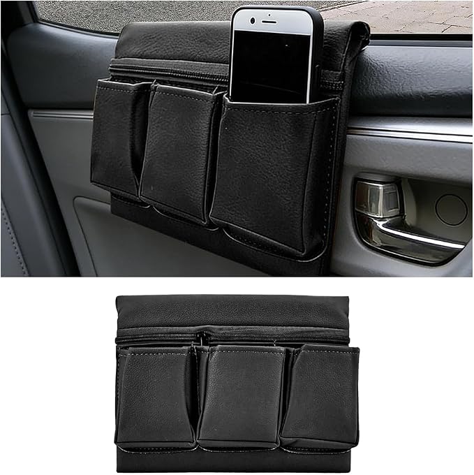 Car Window Armrest Storage Box, Leather Auto Side Door Arm Rest Pad Organizer with Multiple Pocket, Multifunctional Vehicle Armrest Elbow Pad Storage Bag, Universal Fit (Black)