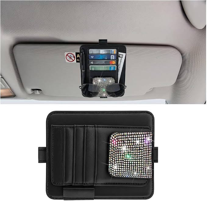 Bling Car Sun Visor Organizer, Multi Pocket Crystal Rhinestone Vehicle Sunshade Card Sleeve Storage Pouch with Pen Sunglass Holder, Auto Visor Organizer Pouch, Universal Fit (Multicolour)