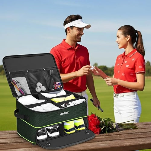 2 Layer Golf Trunk Organizer, Golf Gifts for Men with Separate Ventilated Compartment for 2 Pair Shoes, Waterproof Car Trunk Locker for Balls, Tees, Clothes, Gloves, Gifts for Golfers