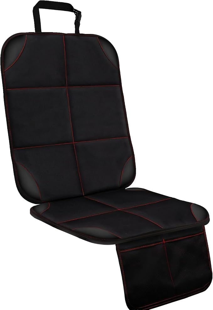 Car Seat Protector, Large Auto Protector for Child Seats with Thickest Padding and Non-Slip Backing Mesh Pockets for SUV, Sedan, Truck, Leather and Fabric - Black