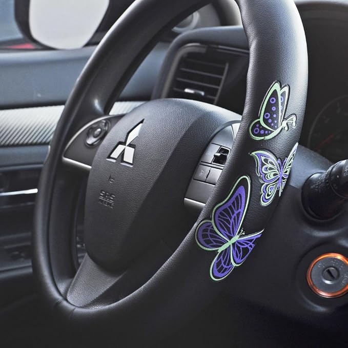 GripGrab Comfort Grip - Purple & Green Butterflies on Black Synthetic Leather Steering Wheel Cover 15 inch