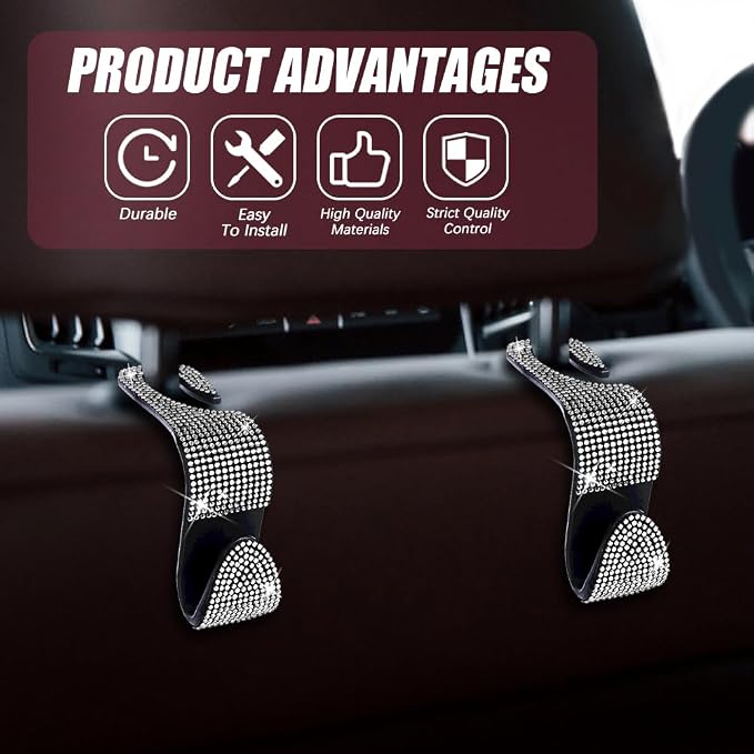 2 Pack Car Hooks, Bling Rhinestones Crystal Hooks, Auto Seat Back Organizers, Car Decorations Backseat Hanger, Car Seat Hooks Perfect for Holding Handbags, Clothes, Purses and Water Bottles
