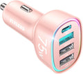 75W Car Charger USB C, 4 Port Super Fast Cigarette Lighter USB Charger, Type C 60W & QC 3.0 Multiport Car Phone Adapter Accessories for iPhone 17/16/15/14/13/12 Pro Samsung S26 Series, Pink