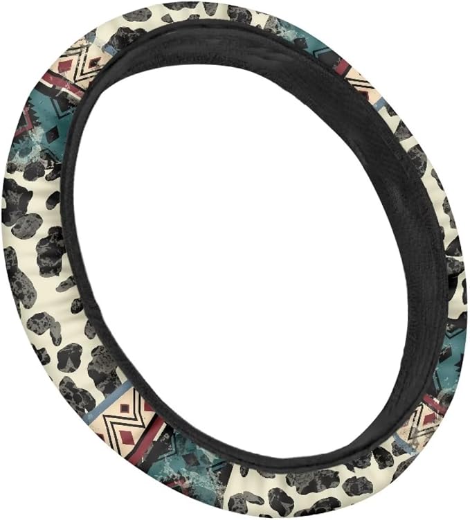 Aztec Cow Print Beige Auto Steering Wheel Cover Universal 15 Inch Diameter Anti-Slip Neoprene Car Steering Wheel Protector for Women Men