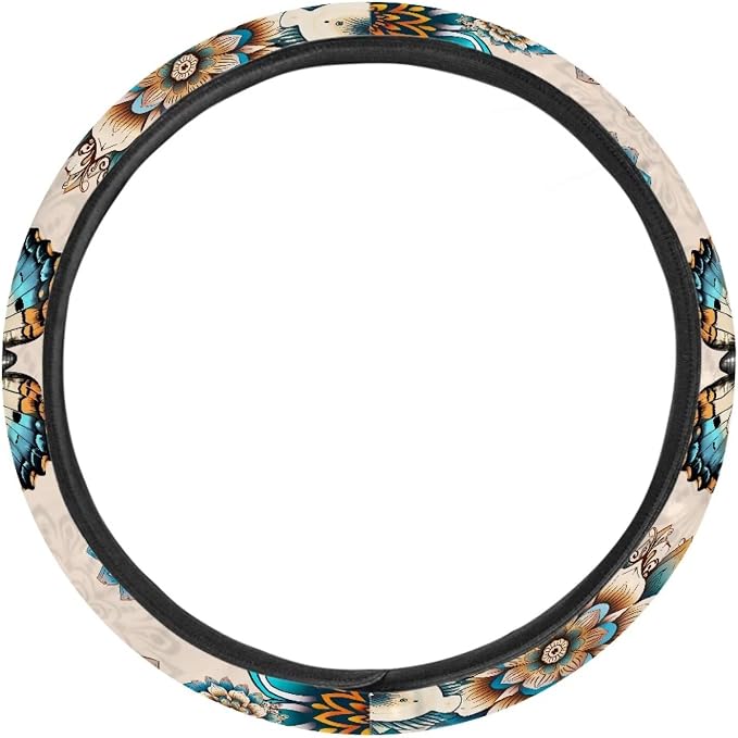 Steering Wheel Cover Boho Mandala Flower Butterfly Pattern Anti-Slip Car Wheel Protector Perfectly fit for 15 inches Car Accessories Universal Fit Car SUV Van Truck