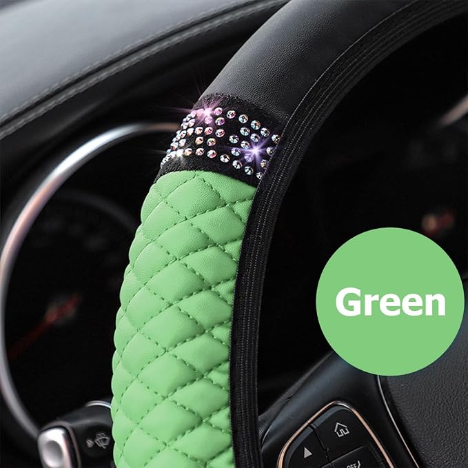 Bling Car Steering Wheel Cover, 15 Inch Rhinestones Soft Leather Elastic Steering Wheel Protector, Sparkly Crystal Diamond for Women Girls (Green)