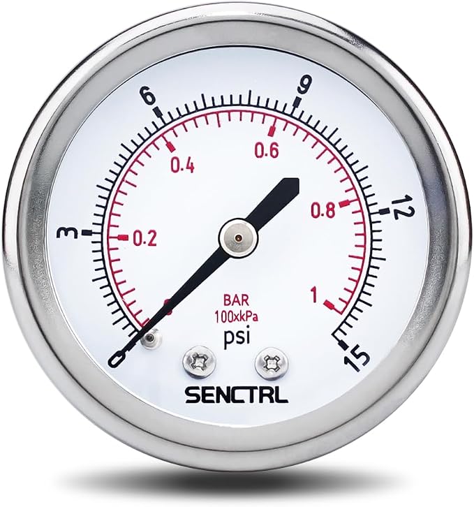 0-15 Psi Low Pressure Gauge, 2" Dial Size, 1/4 NPT Back Mount, Waterproof, Stainless Steel Case, for Water Air ATV Tire Gas Pressure Test