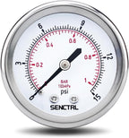 0-15 Psi Low Pressure Gauge, 2" Dial Size, 1/4 NPT Back Mount, Waterproof, Stainless Steel Case, for Water Air ATV Tire Gas Pressure Test