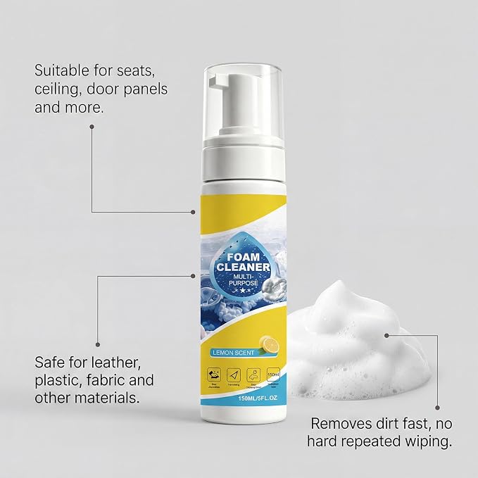 Car Interior Cleaner Foam Kit with Sponge & Towel, Multi Purpose Foam Cleaner for Leather, Fabric, Plastic & Upholstery, Deep Cleaning Car Dashboard Seats Carpet Headliner, Lemon Fresh Scent