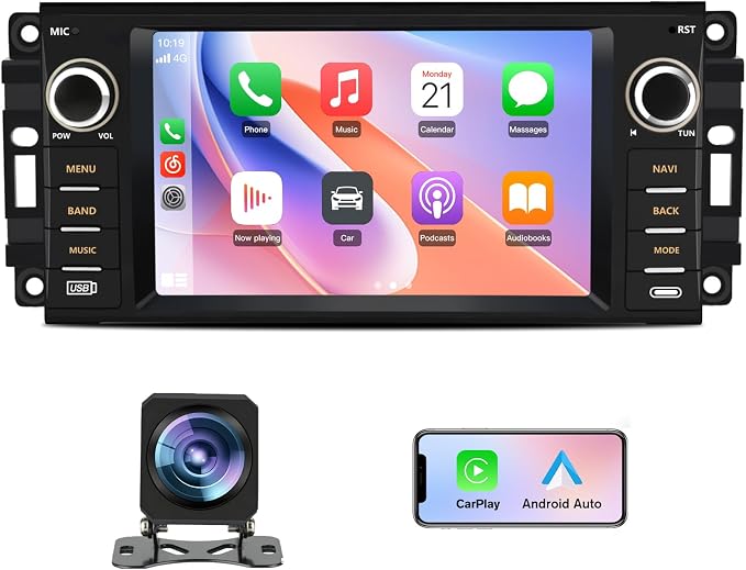 8 Core Car Radio Stereo for Jeep Wrangler JK 2007-2018 Dodge Ram 1500 2008-2012, 7 Inch Touch Screen Radio with CarPlay Android Auto Bluetooth WiFi GPS FM Backup Camera【4GB+64GB】