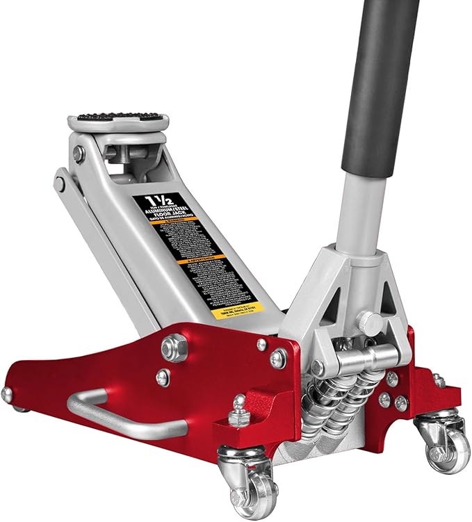 AT815016LR Torin Hydraulic Low Profile Aluminum and Steel Racing Floor Jack with Dual Piston Quick Lift Pump, 1.5 Ton (3,000 lb) Capacity, Red