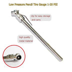 Pencil Tire Pressure Gauge 1-20 PSI Low Pressure for ATV Golf Cart Lawn | Chrome-plated brass body, 1-20 PSI / 10-140 kPa / 0.1-1.4 bar. For golf carts, ATVs and lawn tractors. Mechanical, no battery