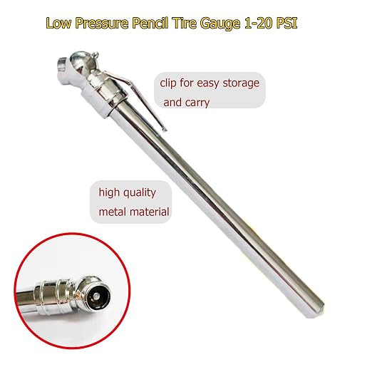 Pencil Tire Pressure Gauge 1-20 PSI Low Pressure for ATV Golf Cart Lawn | Chrome-plated brass body, 1-20 PSI / 10-140 kPa / 0.1-1.4 bar. For golf carts, ATVs and lawn tractors. Mechanical, no battery