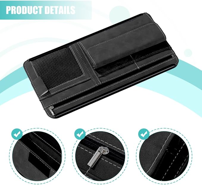Car Sun Visor Organizer, Multi-Pocket Vehicle Sun Visor Storage Pouch with Sunglasses Box, Auto Interior Sunshade Eyeglasses Card Holder Organizers, Universal for SUV Sedan Truck (Black)