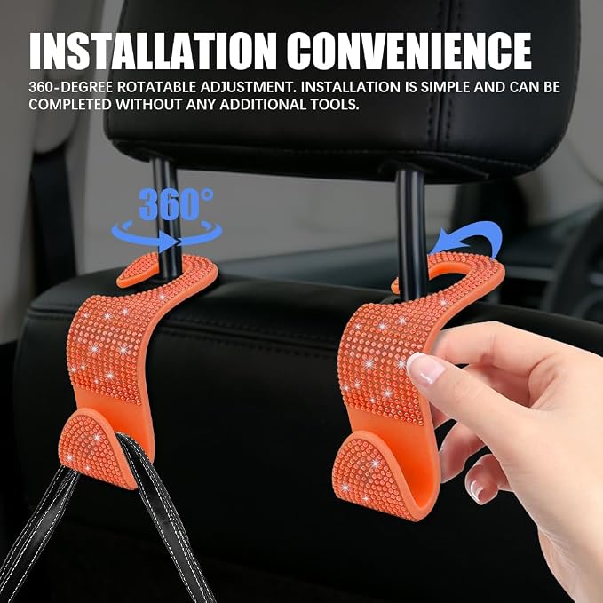 4PCS Bling Car Seat Headrest Hooks, Purse Holder for Car, Vehicle Back Seat Purse Handbag Hanging Holder with Crystal Rhinestone, Diamond Car Rear Seat Organizer for Vehicles (Orange)