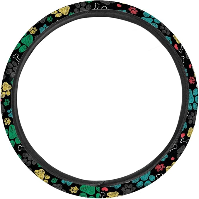 Puppy Paws Print Steering Wheel Protection Stretch-on Fabric Machine Washable Women Men Neoprene Automotive Steering Wheel Covers Sweat Absorption Comfort Grip for Driver Black Colorful