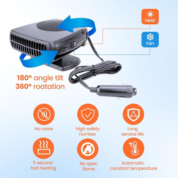 12V Car Heater,200W Portable Car Heater 360° Rotatable Car Defroster Windshield Heater Plug into Cigarette Lighter for Vehicle RV SUV (Large)