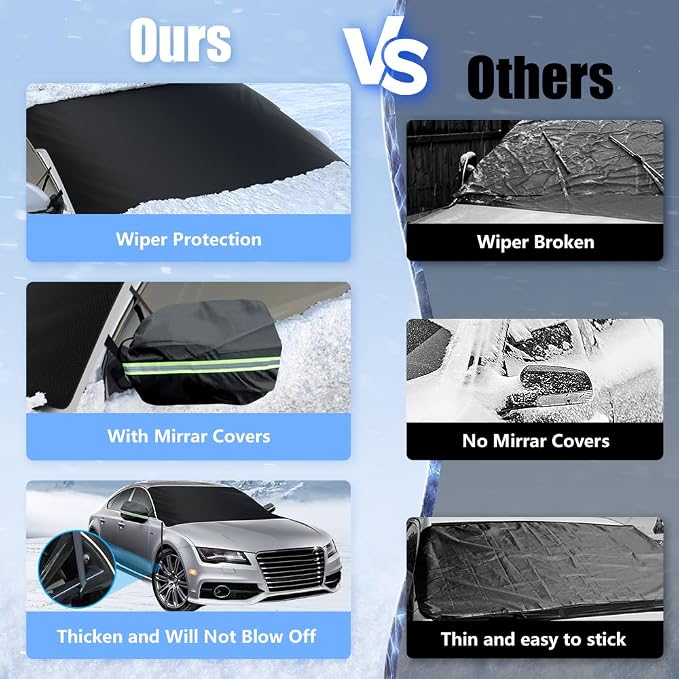 Car Windshield Cover for Ice and Snow, Windshield Snow Cover, Performance Brake Kitswith Side Mirrors Cover for Snow, Ice, UV Fits Most Cars, Trucks, Vans, SUVs, Glow Strips