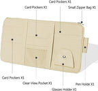 1 Pack Car Sun Visor Organizer, Sunglasses Holder for Car Sun Visor, Auto Interior Accessories Pocket Organizers Can Store for Sunglasses, Documents, Cards, Pen, Drivers License (Beige)