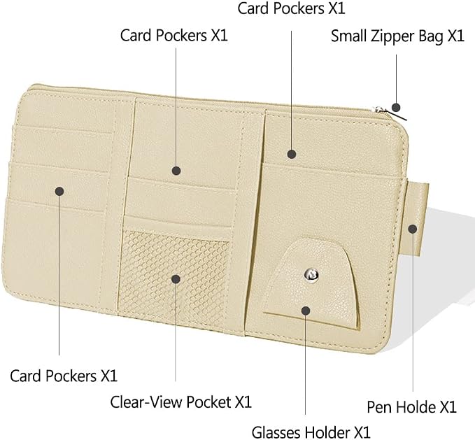 1 Pack Car Sun Visor Organizer, Sunglasses Holder for Car Sun Visor, Auto Interior Accessories Pocket Organizers Can Store for Sunglasses, Documents, Cards, Pen, Drivers License (Beige)