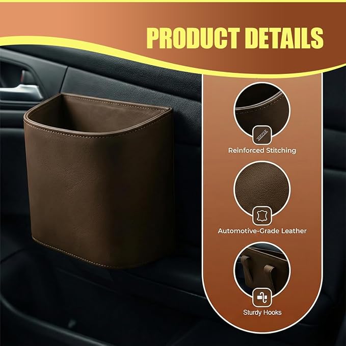Leather Car Trash Can, Clip on Small Car Garbage Can, Waterproof Leakproof Back Seat Trash Bin, Multifunctional Vehicle Storage Organizer for Trucks, SUVs (Brown)