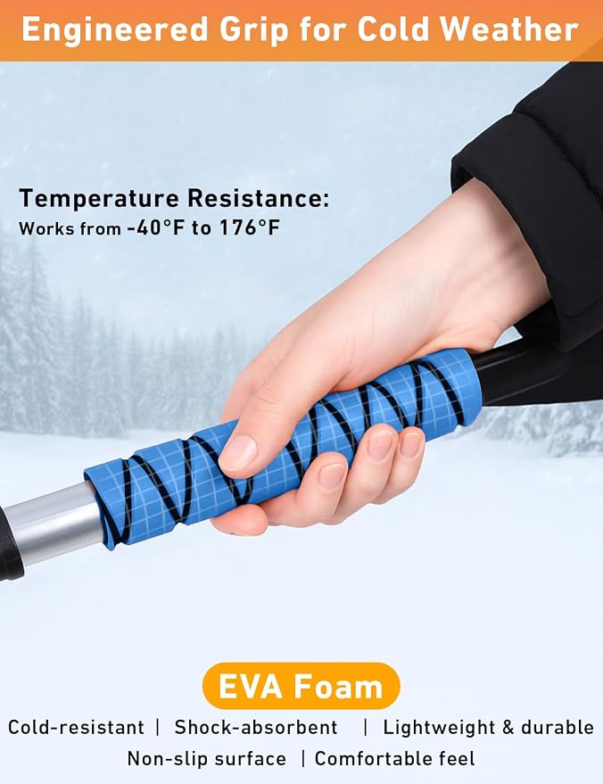 27" Aluminum Snow Brush with Ice Scrapers for Car Windshield and Window | Car Snow Scraper and Brush with Ergonomic Foam Grip Winter Accessories (Blue)
