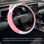 Car Steering Wheel Cover, 15 Inch Fluffy Soft Plush Auto Protector, Anti-Slip Elastic Lovely Car Cover Accessories with Kitty Cat Ears Universal for Most Cars (Fluffy-White+Light Pink)