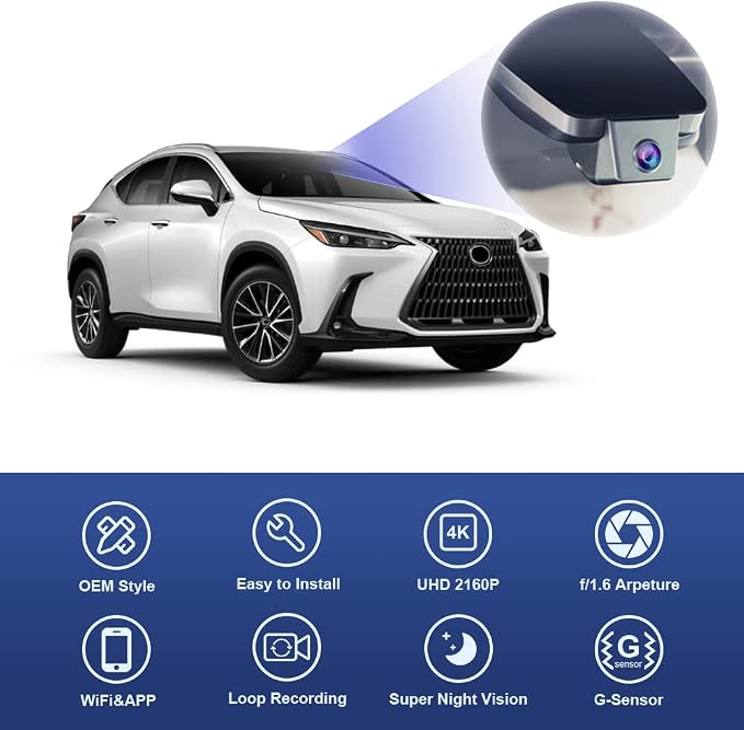 4K Dash Cam Suitable for Lexus NX 2022-2026 & NX Hybrid NX350 250 350h 450h, OEM Factory Look, 2160P UHD Video, Built-in WiFi & APP, Loop Recording, Gravity Sensor, Plug & Play, 64GB Card