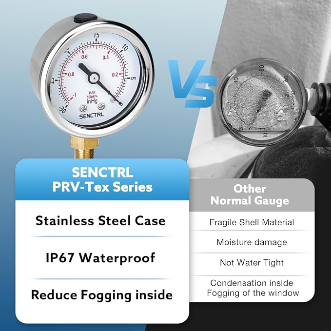 30inHg Vacuum Pressure Gauge, 2" Dial, 1/8 NPT Lower Mount, Waterproof, Stainless Steel Case, for Tube Tester, HVAC, Pneumatic Air Compressor, Hand Pump, Valve Test