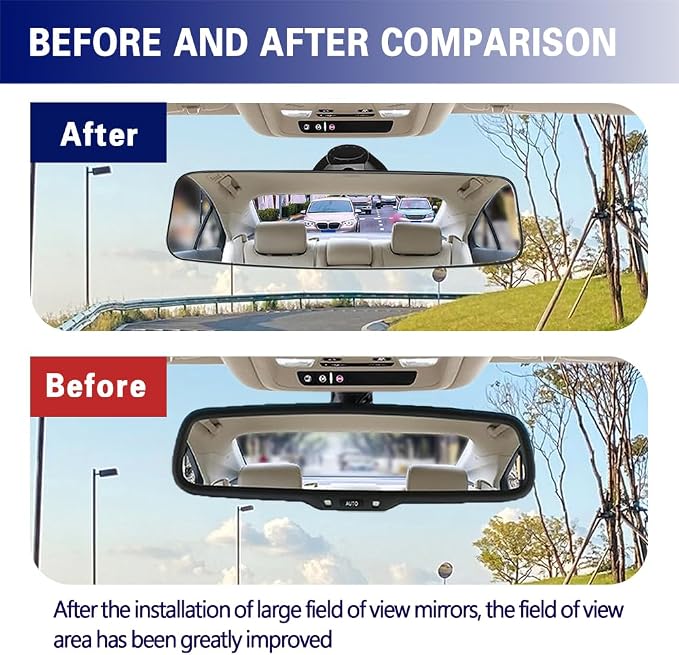 Auto Inside Rearview Mirror with Suction Cup, 12 inch HD Wide Angle Extended Curved Mirror, 360 Degrees Adjustable Wide Viewing Car Accessories Universal for Cars Trucks Boat