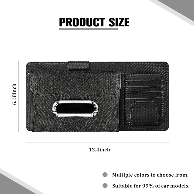 Car Sun Visor Organizer, Carbon Fiber Visor Glasses Tissue Card Holder Storage Pocket Pouch, Multifunctional Auto Sunshade Organizer Case Bag for Pens Documents Napkin, Universal Fit (Black)