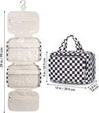 Travel Toiletry Bag for Women Large Hanging Makeup Bag Organizer Toiletries Bag for Full Size Essentials Accessories Cosmetics (Black Checkerboard (Large))