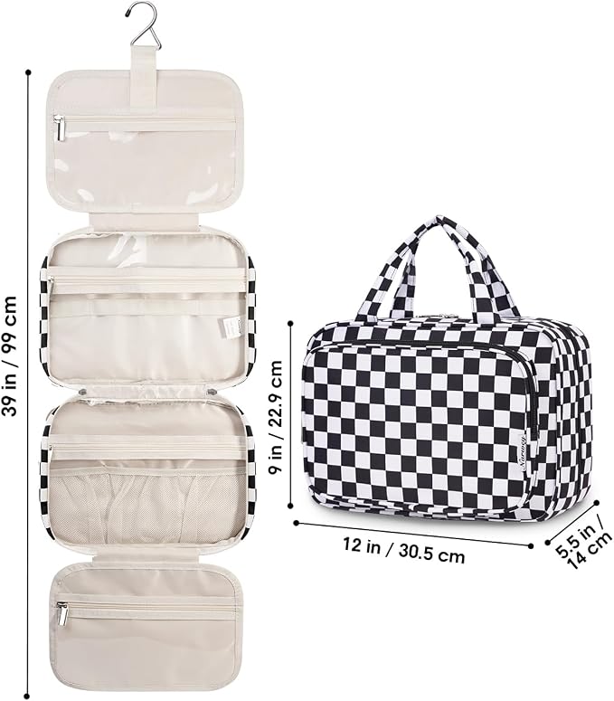 Travel Toiletry Bag for Women Large Hanging Makeup Bag Organizer Toiletries Bag for Full Size Essentials Accessories Cosmetics (Black Checkerboard (Large))