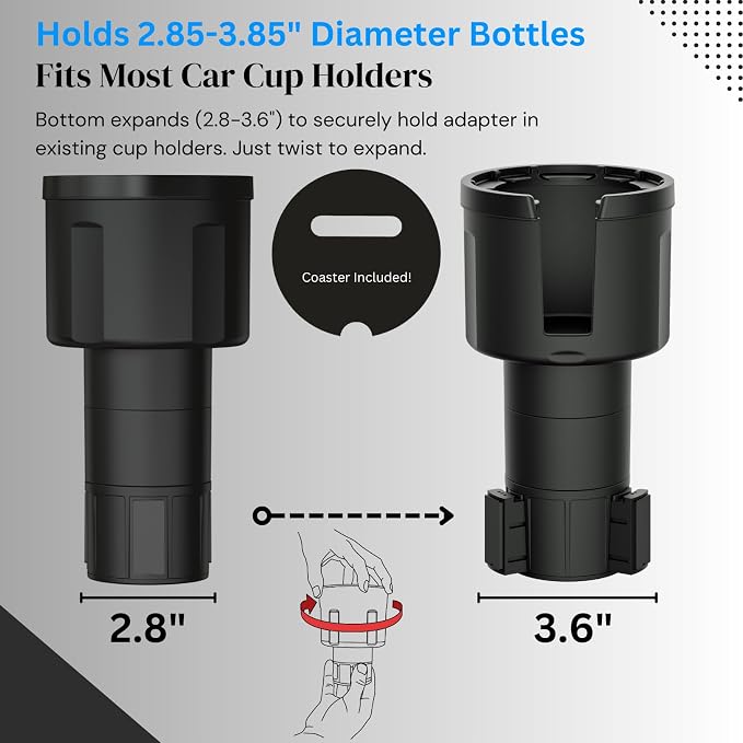 Car Cup Holder Expander (Long Base) - Adjustable Expandable Insert Extender, Automotive Adapter Holds Hydro-Flask, Yeti, Nalgene, Large (32 40 oz) Water Bottles, Big Drinks - Universal