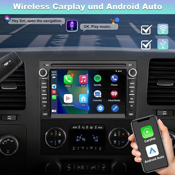 Car Radio for Chevrolet Chevy Silverado GMC Sierra Yukon 2007-2013 Android 13 GPS Navigation 2GB+32GB with 7 inch Touch Screen CarPlay Android Auto Bluetooth SWC