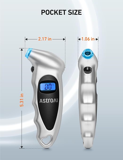 Digital Tire Pressure Gauge 0-150PSI Calibrated to ANSI B40.7 +/-1PSI, Accurate in 0.1 Increments, 4 Pressure Measurements for Car Truck Bicycle with Backlight LCD, Silver