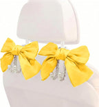 2PCS Satin Bow Pearl Car Seat Headrest Hooks – Car Bag Holder & Vehicle Hanger for Purses – Cute Coquette Aesthetic Interior Decoration – Cute Auto Organizer Accessories Universal (Sunshine Yellow)