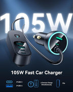 105W 6-Port Multiport Car Charger, PD Fast USB C Car Charger for Multiple Devices,Cigarette Lighter Adapter Car Travel Essentials for Road Trips with 5FT Cable,Car Accessories for iPhone 17/16