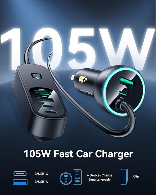 105W 6-Port Multiport Car Charger, PD Fast USB C Car Charger for Multiple Devices,Cigarette Lighter Adapter Car Travel Essentials for Road Trips with 5FT Cable,Car Accessories for iPhone 17/16