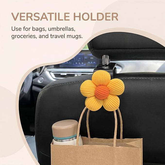 2PCS Car Seat Headrest Hook, Cute Flower Vehicle Backseat Purse Handbag Storage Hanger, Floral Auto Seat Back Holder Hook for Coat Umbrella Grocery, Universal for Vehicles (Yellow)