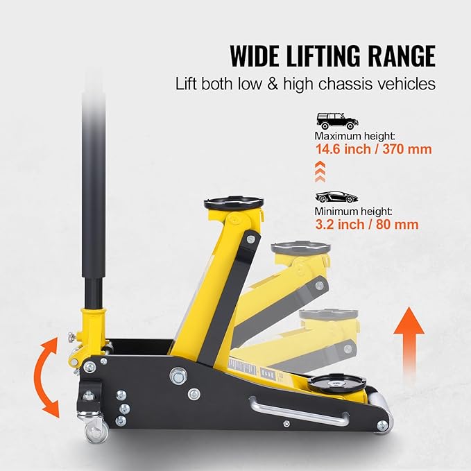 Low Profile Floor Jack 2 Ton (4400 lbs), Heavy Duty Aluminum Hydraulic Racing Floor Jack, Hydraulic Car Jack, Dual Piston Quick Lift Pump, 3.2"-14.6" Height Lifting Range (Yellow)