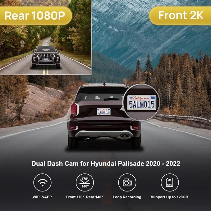 2K Dual Dash Cam for 2020-2022 Hyundai Palisade Limited SE SEL Calligraphy (Part No#S8000), OEM Look, Front 1440P+Rear 1080P Video, Loop Recording, WiFi & APP, G-Sensor, Easy to Set, 64GB Card