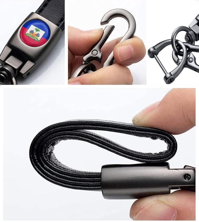 Haiti Flag Tire Valve Stem Caps and Genuine Leather Car Keychain Keyring Compatible with Haiti Flag Accessories
