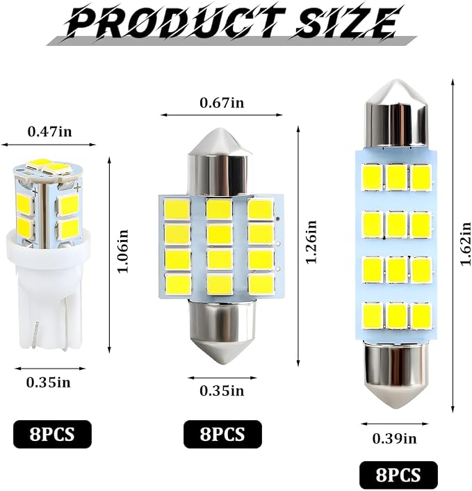24PCS LED Interior Car Lights, T10 31mm 41mm Dome Bulb Kit, White | 194 168 2825 DE3175 578 sockets, alloy PCB, output for map trunk license tag, plug in, automotive accessories