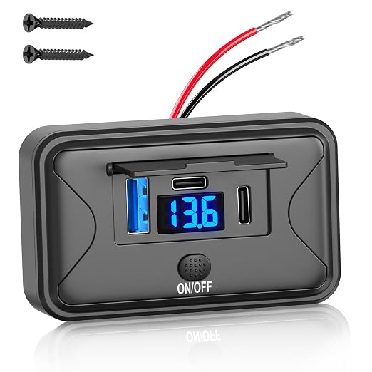 90W 12V USB Outlet Panel Wall Mount, Dual 36W USB C and QC 3.0 18W Car USB Port Charger with Voltmeter Button Switch, Waterproof 3 USB Multi Port Power Outlet DIY 12V Accessories for Car Bus RV Truck