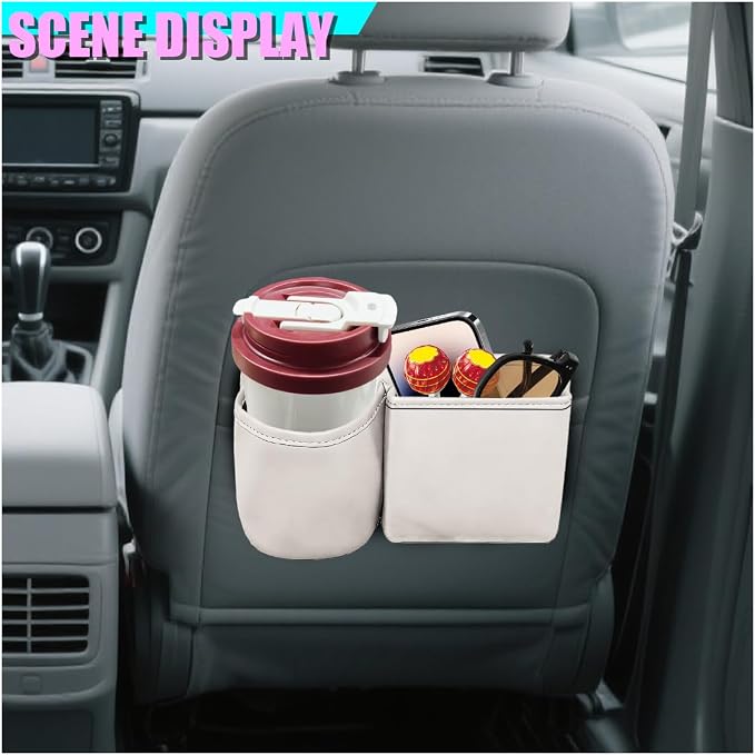 Car Side Door Organizer, Leather Auto Back Seat Storage Pouch with Cup Holder, Car Console Side Trash Can, Universal Vehicle Interior Organizer Pocket for Phone, Coin, Sunglasses (White)