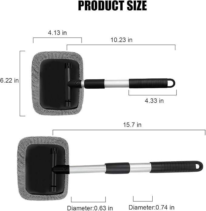 Car Windshield Cleaner Tool, Extendable Handle Rectangular Vehicle Window Cleaner with 3 Washable and Reusable Microfiber Pads, Auto Windscreen Cleaning Tool, Universal Fit