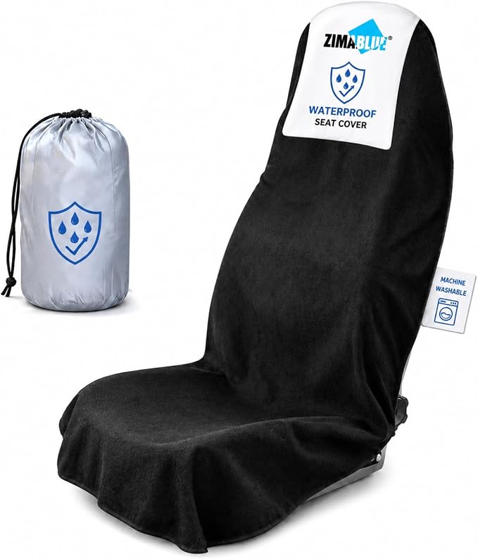 1PC Waterproof Towel Car Seat Cover - 525g Heavy Duty 3-Layer Microfiber Sweat Protector for Bucket Seats - Non-Slip Machine Washable Universal Fit for Gym, Yoga, Beach, Pets & Outdoors-Black